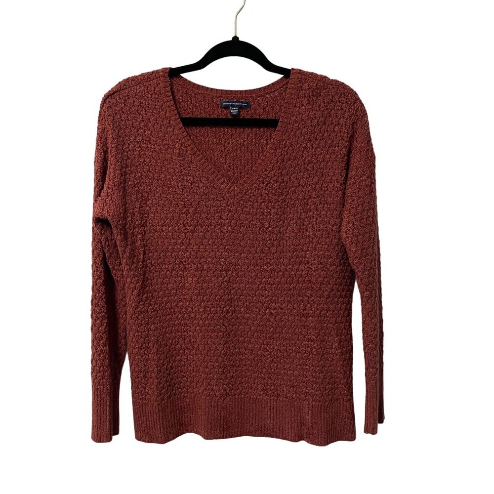 AMERICAN EAGLE SWEATER KNIT V-NECK LOGO SIDE SLIT WOMENS M RED MAROON COZY SHIRT